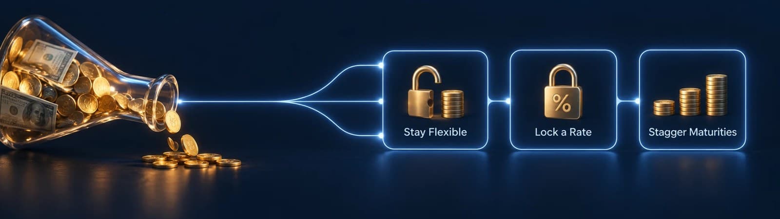 A flask of cash splitting into three labeled paths: Stay Flexible, Lock a Rate, and Stagger Maturities