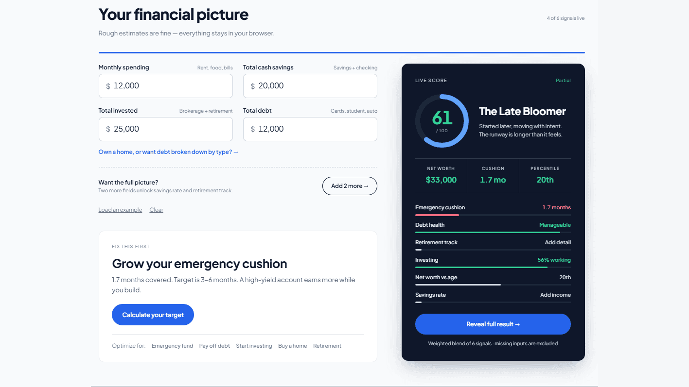 The SwitchWize Financial Health Score input card, showing sample monthly spending, cash savings, invested assets, and debt totals