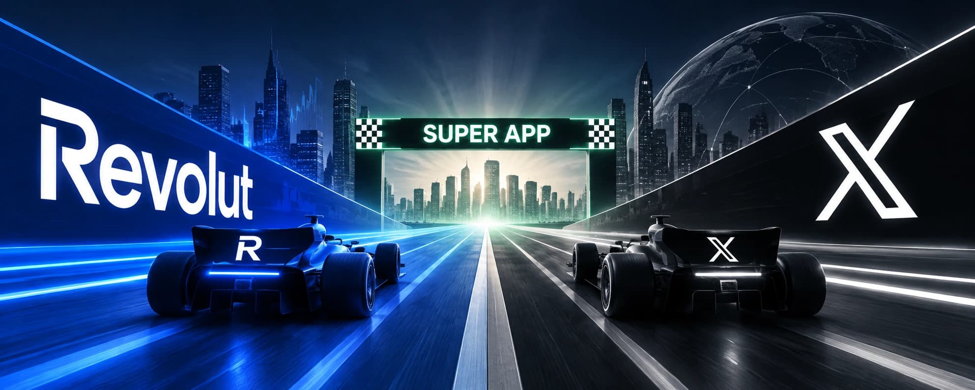 Editorial illustration of Revolut and X racing toward a super app finish line.