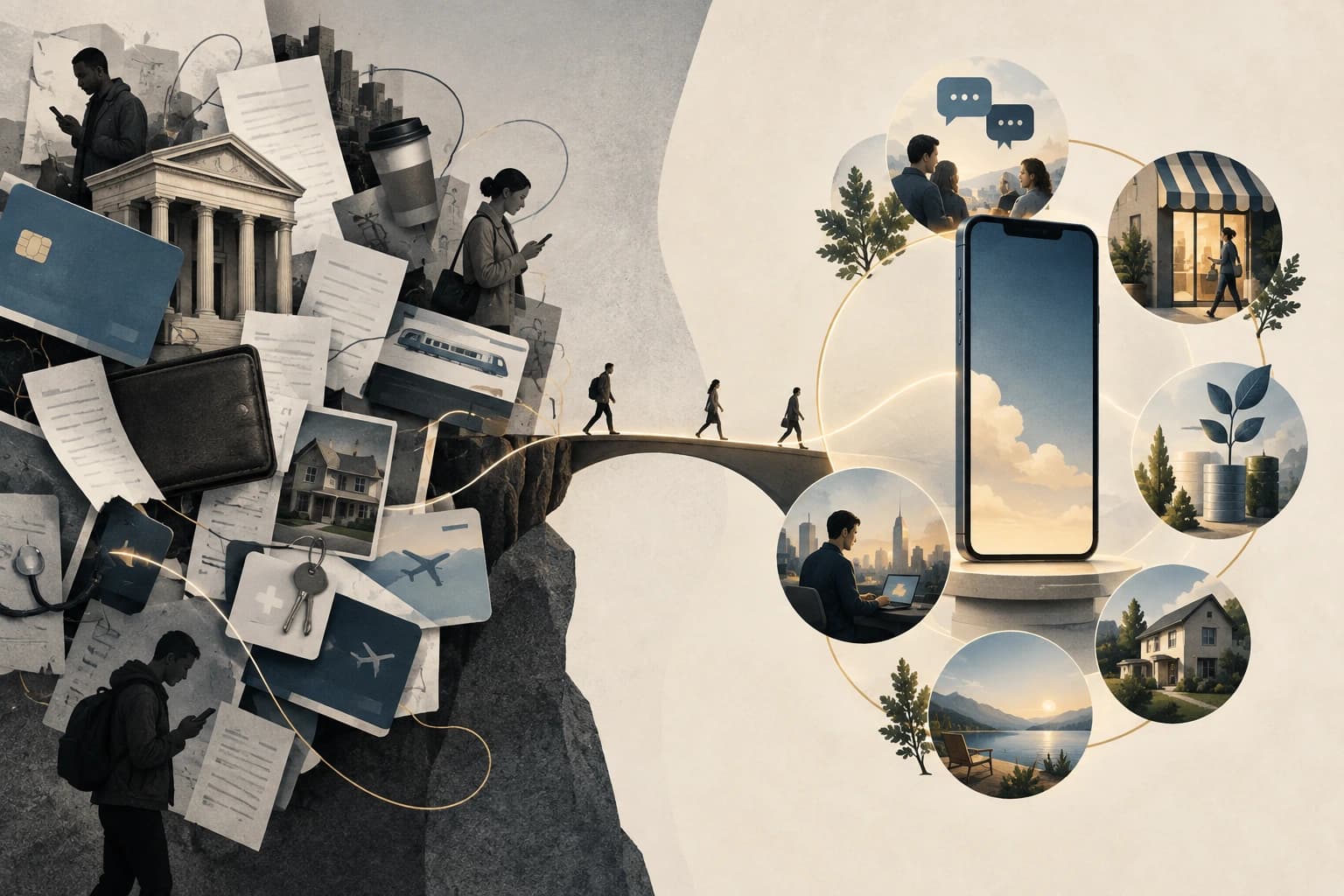 Editorial illustration of fragmented finance becoming a connected consumer experience.