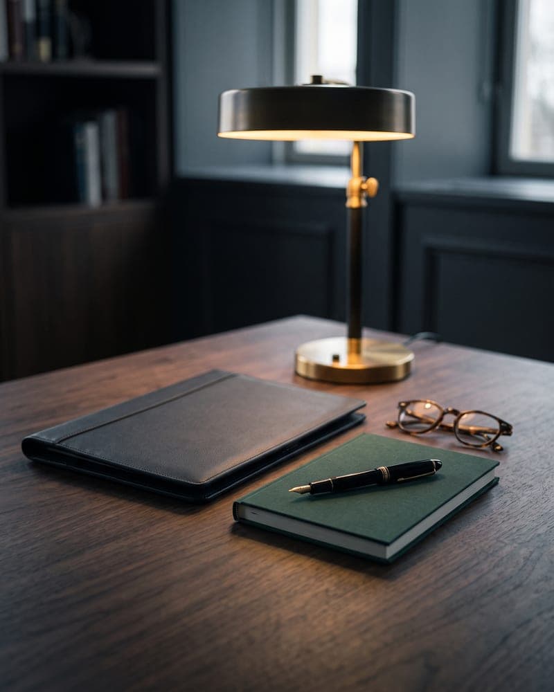 A private banker's desk with a leather portfolio, notebook, fountain pen, reading glasses, and a brass desk lamp