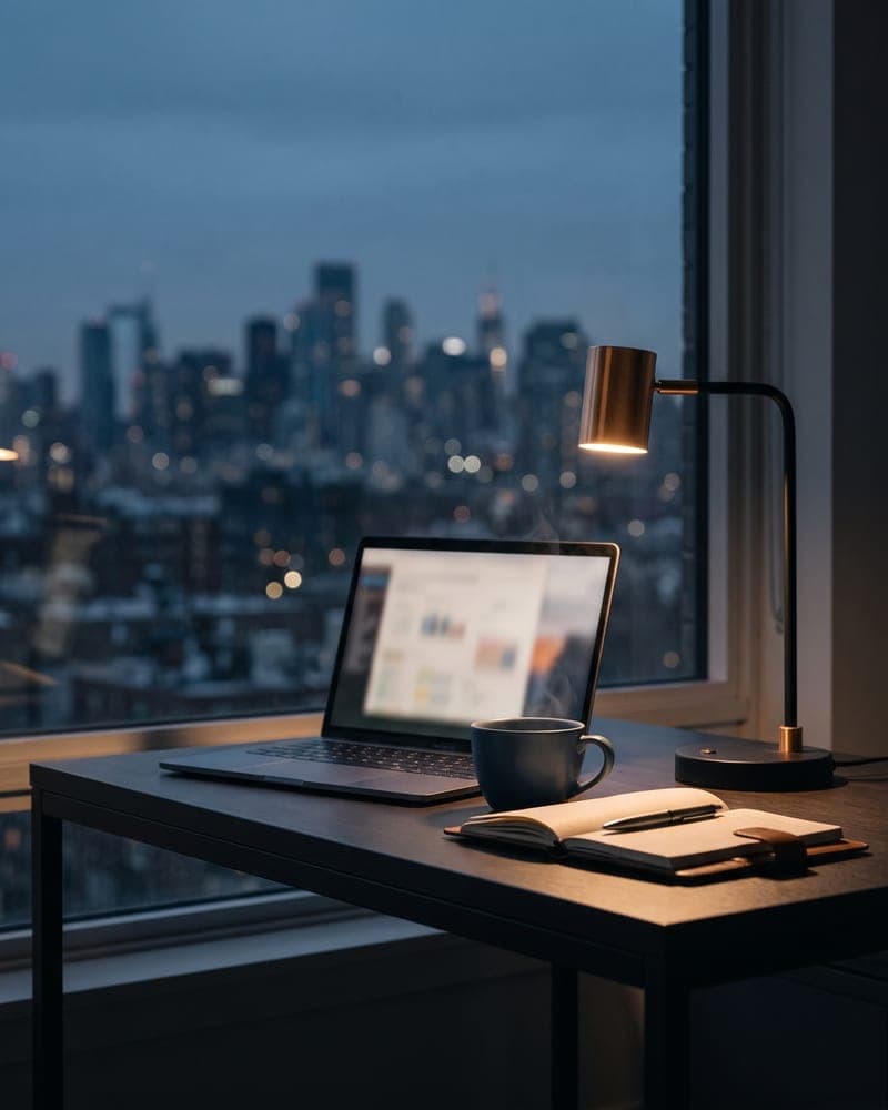 A home desk at dusk with a laptop, coffee, and an open notebook, overlooking a city skyline