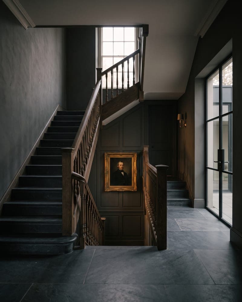 A grand staircase in a private estate with a gold-framed portrait and warm ambient lighting
