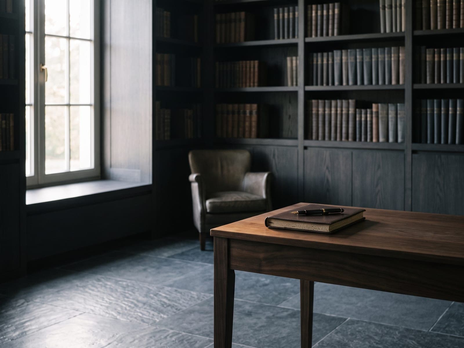 A private study with dark wood shelving, soft window light, and a leather-bound book and fountain pen resting on a wooden desk