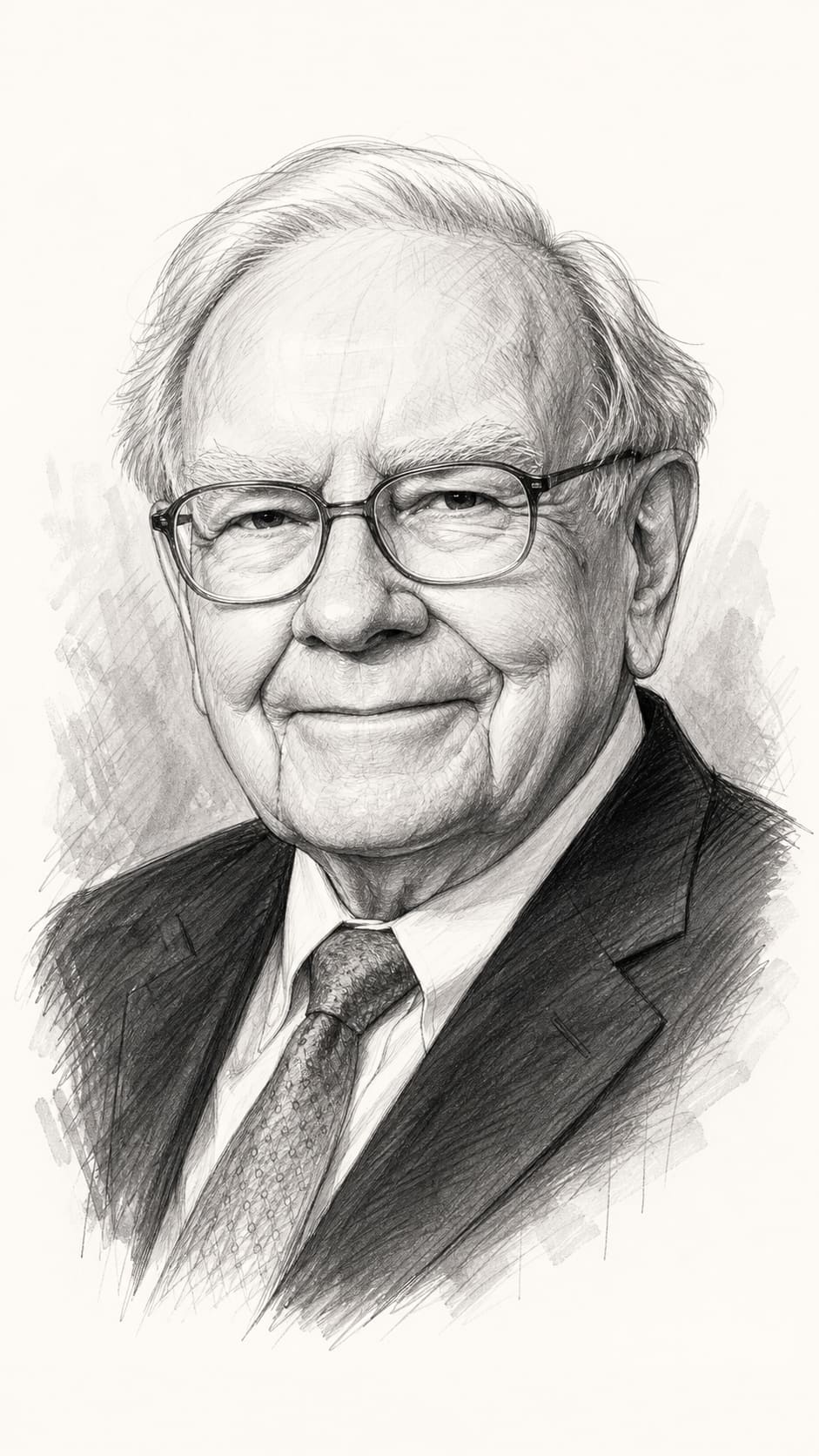 Editorial black-and-white sketch of Warren Buffett