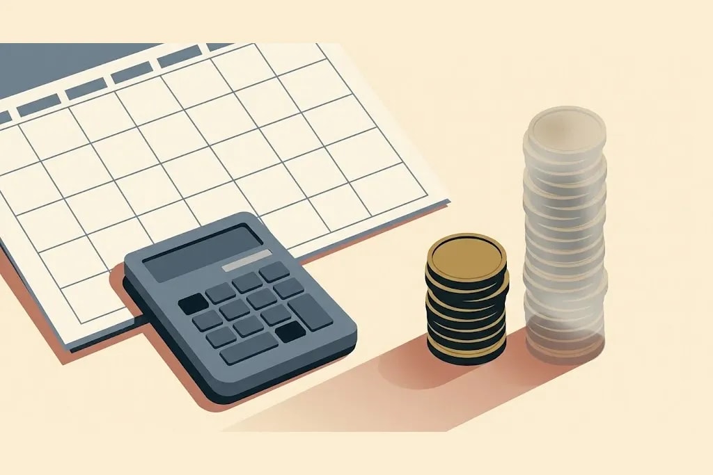 A blank calendar grid beside a calculator, next to a short solid stack of coins and a taller, translucent stack standing beside it.