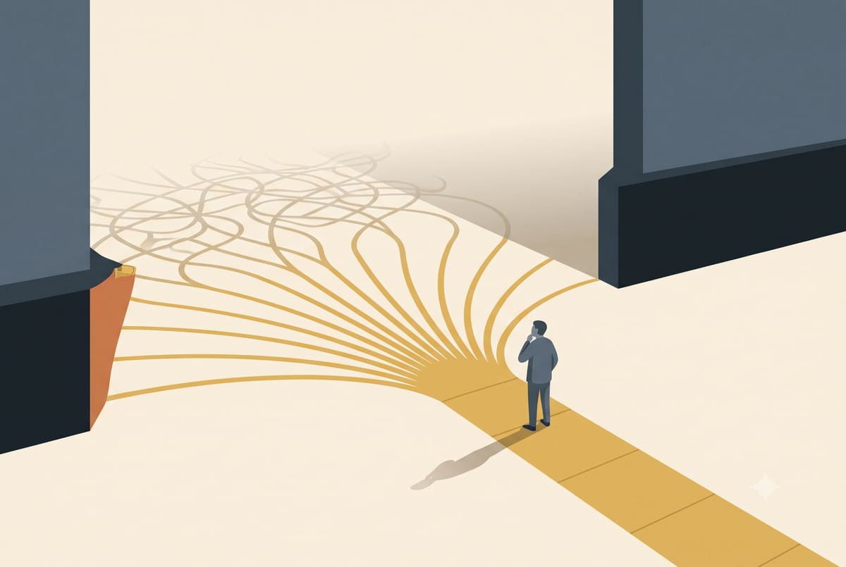 A figure stands before a tangled fan of thin gold paths, while a single broad, paved path already carries it forward, unnoticed, underfoot.