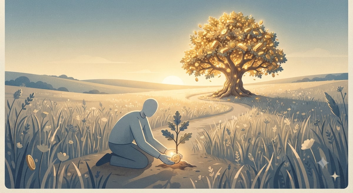 A lone figure kneels in a golden meadow to plant a glowing gold coin by a sapling, a great gold-laden tree glowing ahead.