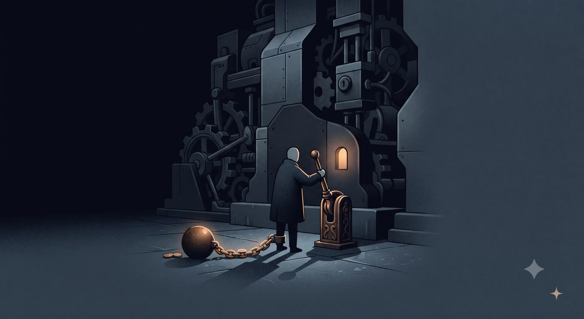 A lone figure pulls a warm-lit lever to release a heavy iron ball-and-chain of coins from an ankle, a vast cold machine looming unmoved in the dark behind.