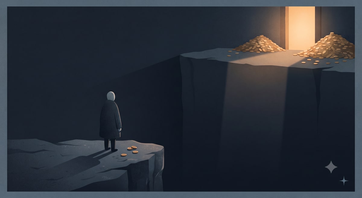 A lone figure on a low, dim ledge with a few coins gazes across a wide dark chasm toward a higher ledge heaped with gold in warm doorway light.