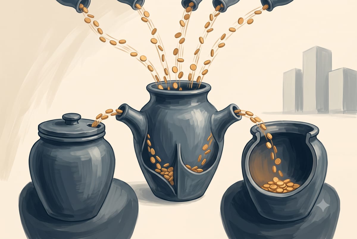 Several platform payout streams flowing into one business hub account, which splits into a tax set-aside jar and a high-yield savings bucket.