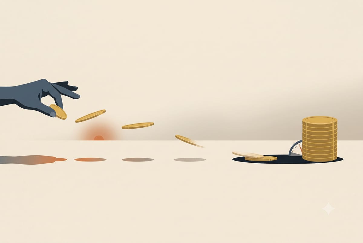 A slate hand releases a gold coin that hops away in shrinking bounces across a long stretch of cream ground before landing, out of sight, atop a tall hidden stack of coins beside a small calm gauge.