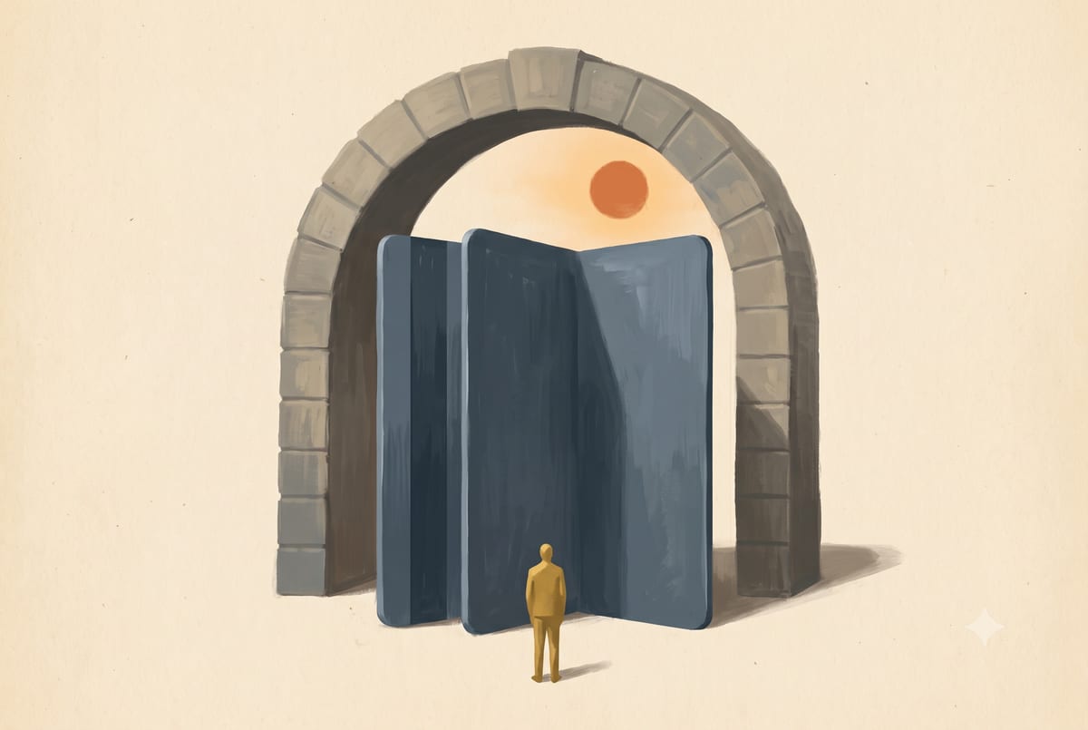 Two card-shaped monoliths sliding together into one under a slate arch, while a single gold cardholder figure stands unchanged in front.