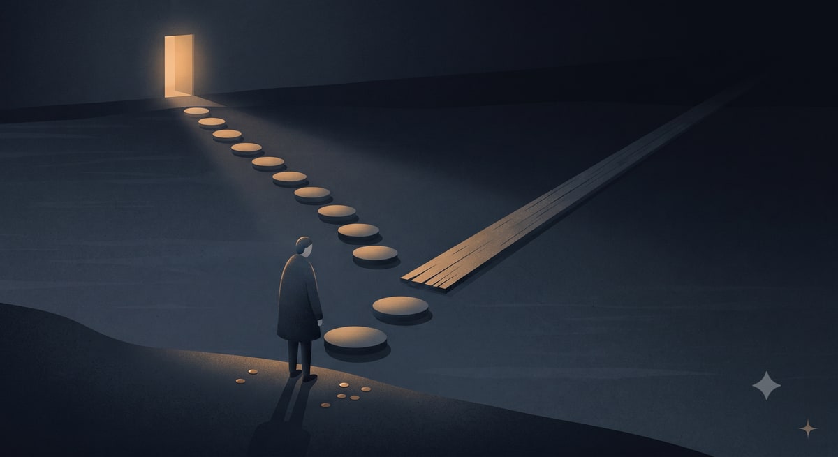 A lone figure at the edge of dark water chooses between a row of evenly spaced warm-lit stepping stones and a single long narrow plank vanishing into the dark.