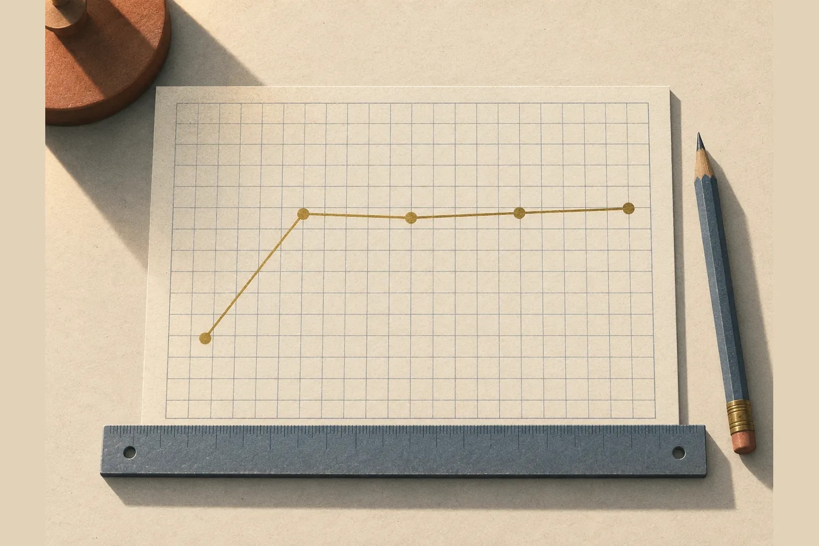 A hand-plotted line chart on graph paper, showing five points that rise sharply from the first term and then run nearly flat across the rest.