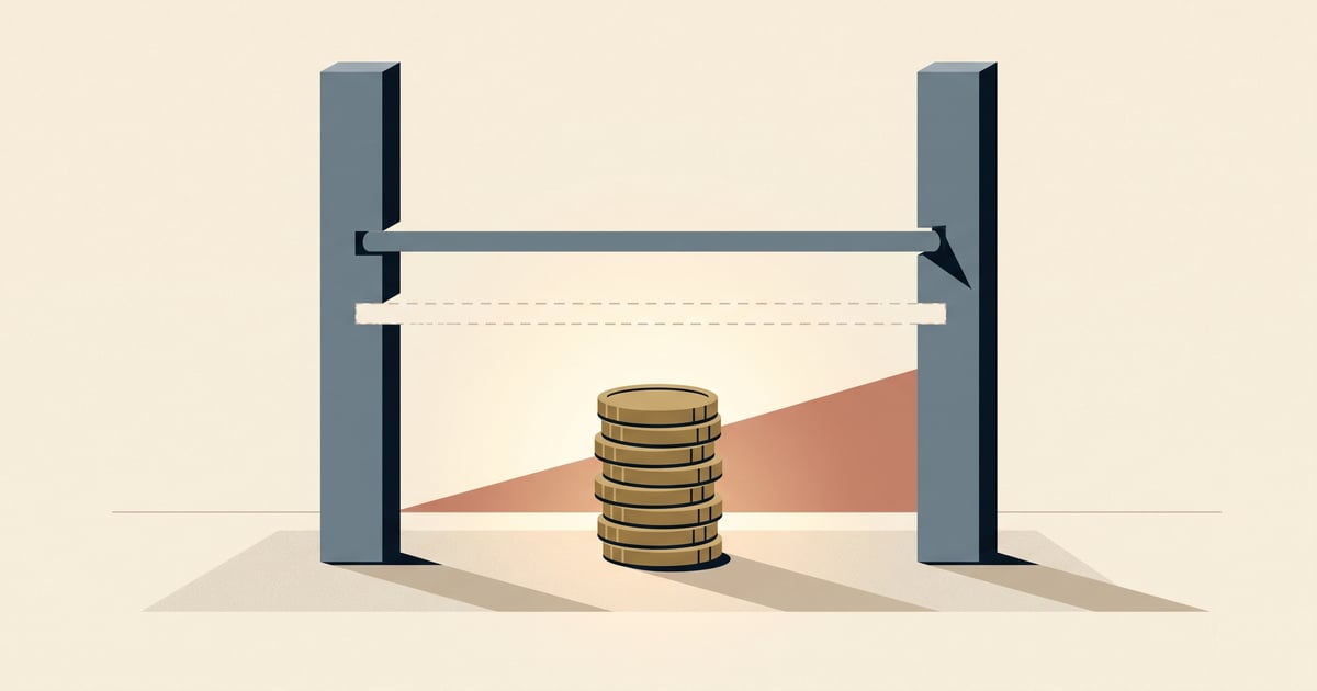 A raised metal bar rests on a higher notch above a lower, ghosted outline of where it used to sit, positioned over a gateway that a stack of gold coins is reaching up toward but not yet clearing.