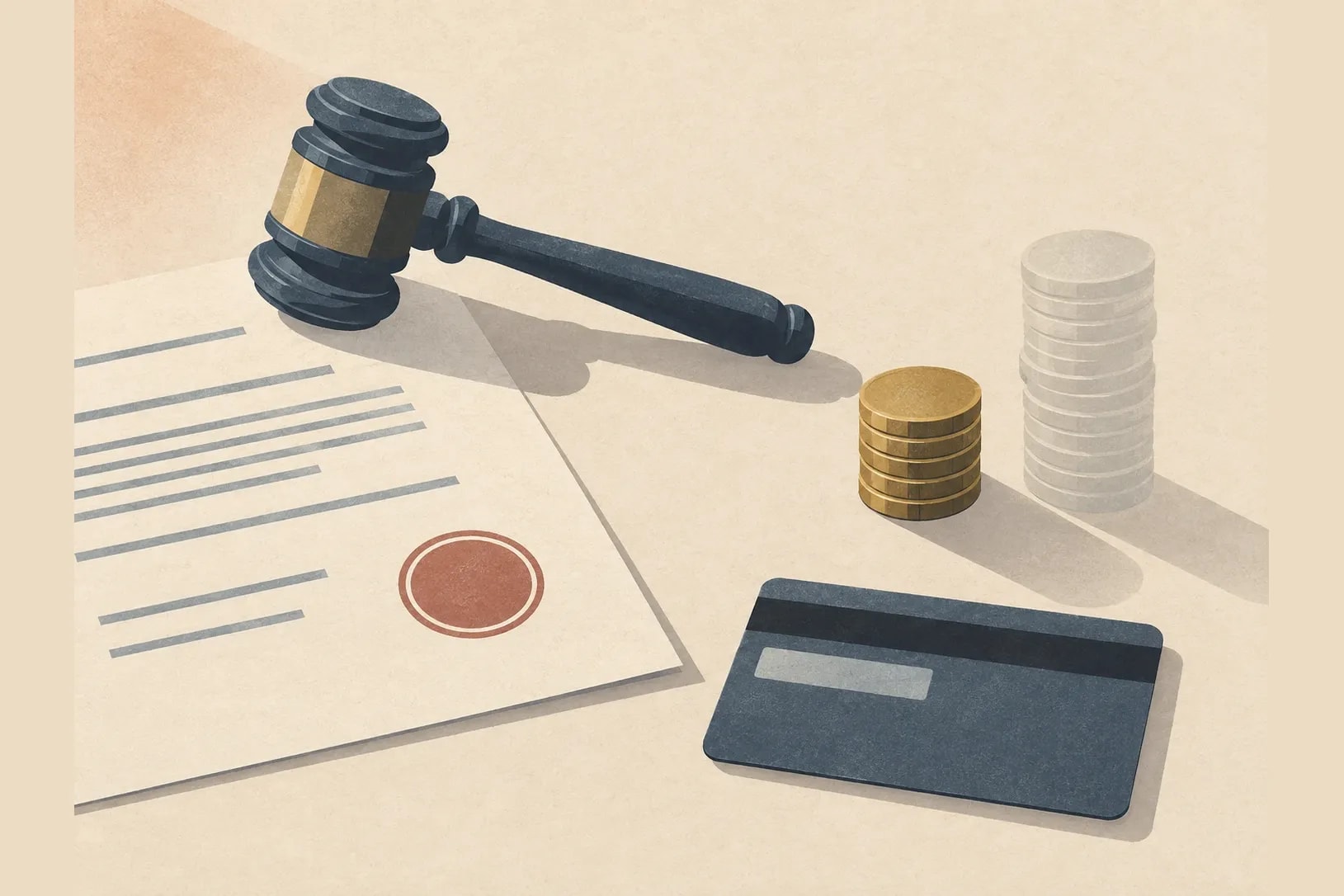 A gavel resting on a voided document beside a credit card, next to a short stack of gold coins and a taller, faded stack of coins representing the higher fee that legally could apply.