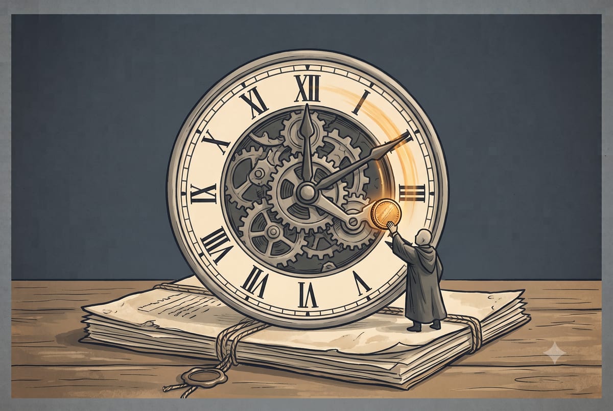 A courtroom shot clock winding down over an old debt file, with a small coin payment about to reset the clock back to full.