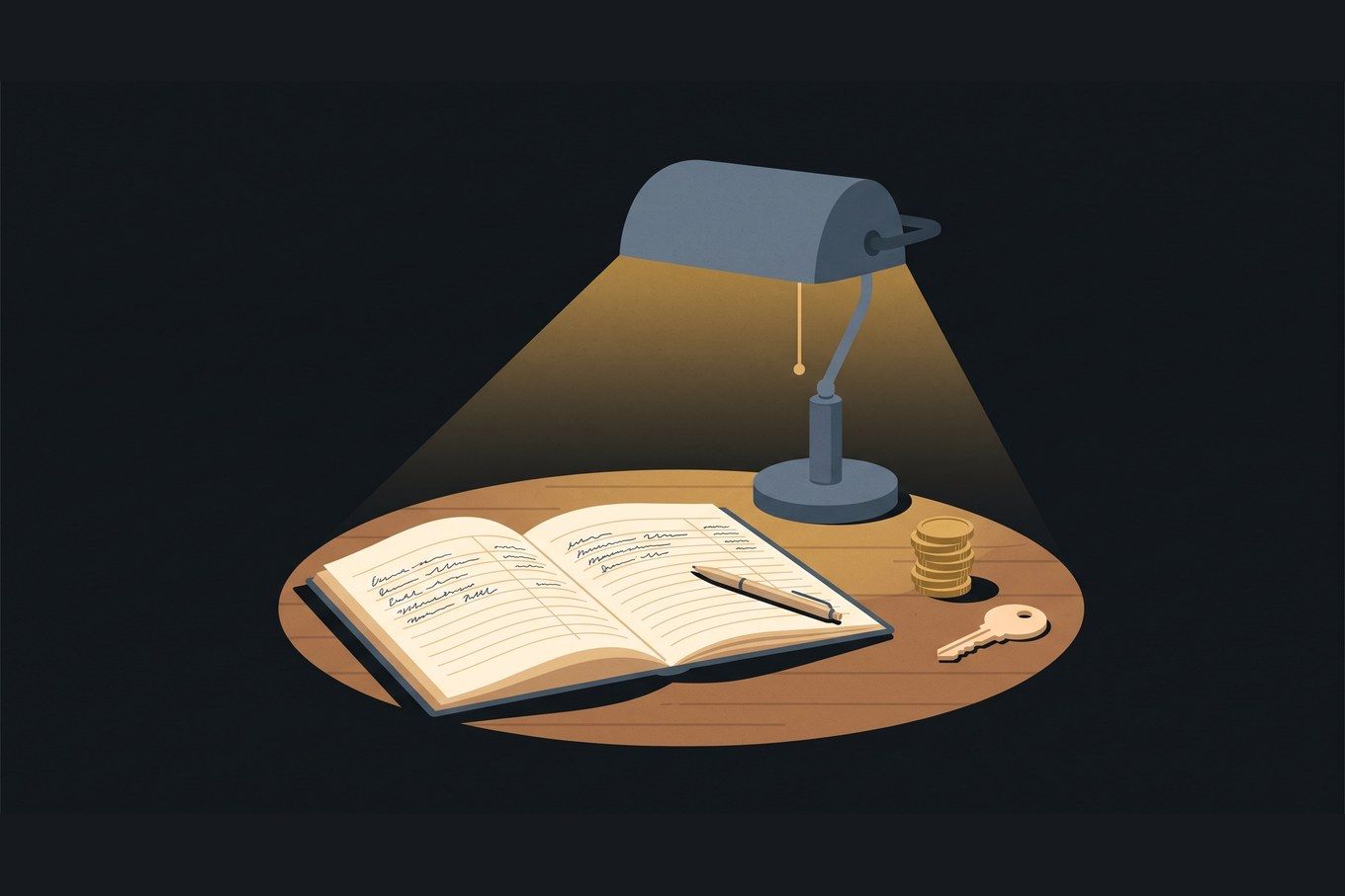 An open ledger sits on a desk under a banker's lamp, beside a stack of coins and a house key.