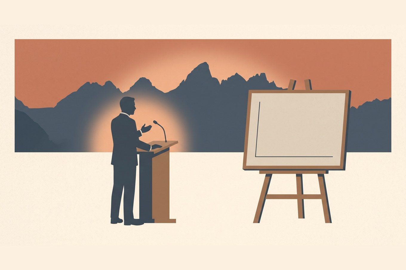 A speaker stands at a lectern with the Grand Tetons behind him at dusk, beside an easel holding a chart with only bare axes and no forecast line drawn on it.