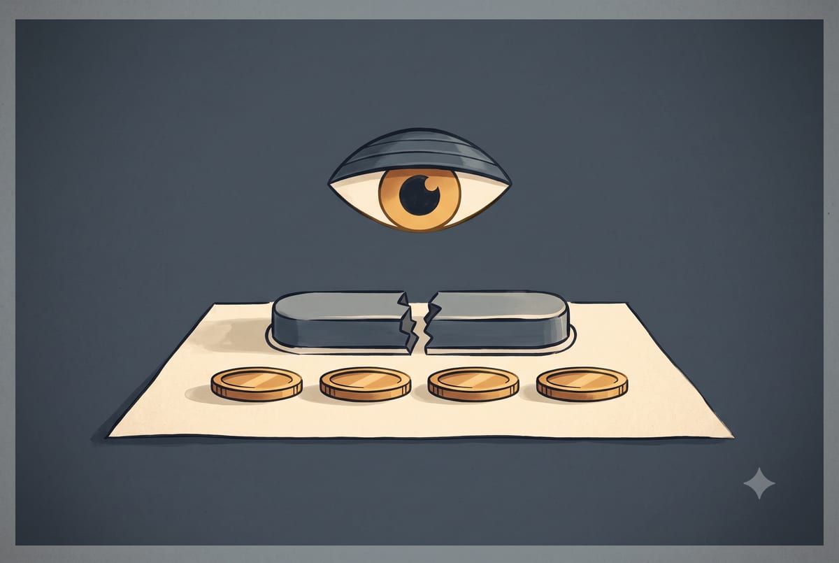 A four-part checkout button splitting into four coins, with a credit-report eye that was closed now opening to watch them.