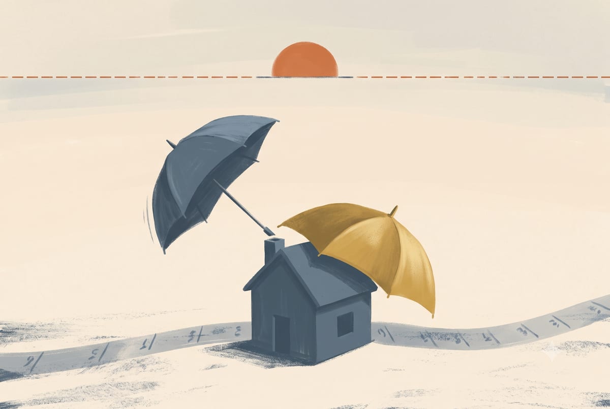A house under a lifting umbrella while a hand slides a second umbrella into place before the first fully leaves, over a countdown ribbon.