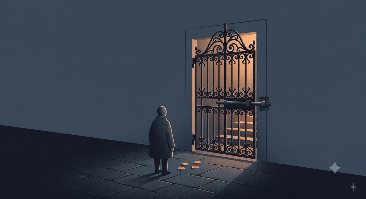 A lone figure watches a heavy iron gate bolt shut over a warm-lit stairway leading down, gold coins resting unmoved at their feet in the dark.