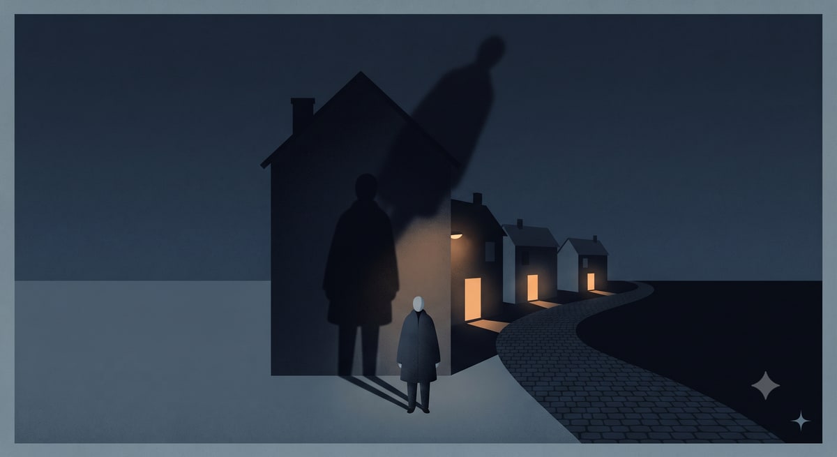 A lone figure stands before a familiar dark house as its shadow stretches ever taller, while warm-lit doorways of other houses glow just down the road.