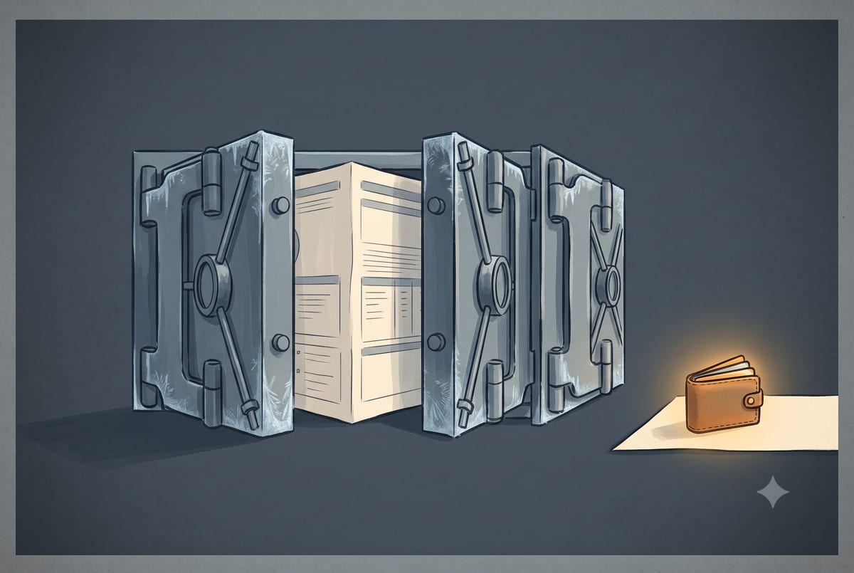 Three vault doors labeled with bureau initials swinging shut over a credit report, while an existing wallet of cards keeps glowing untouched.