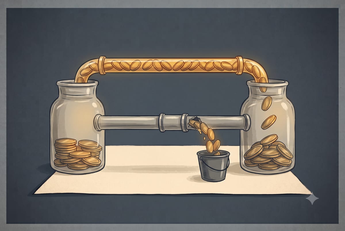 Two pipes moving money between account jars: a sealed direct pipe that loses nothing, and an open indirect pipe leaking a 20 percent slice into a tax bucket.