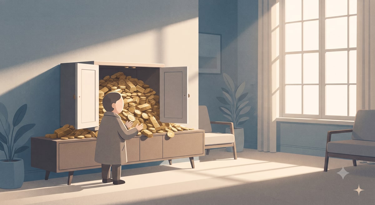 A lone figure opens an ordinary cabinet in a sunlit room to find it overflowing with far more gold than it could hold.