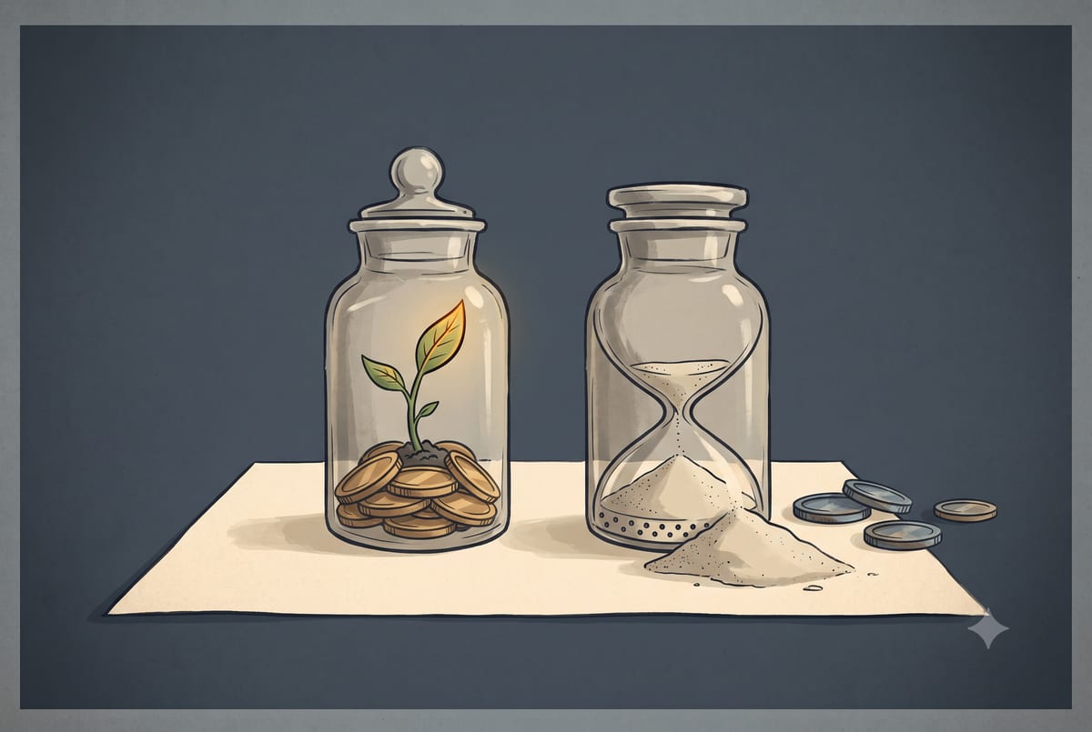 Two labeled jars: an HSA jar that carries forward and grows a small plant, and an FSA jar with sand draining out by year end.
