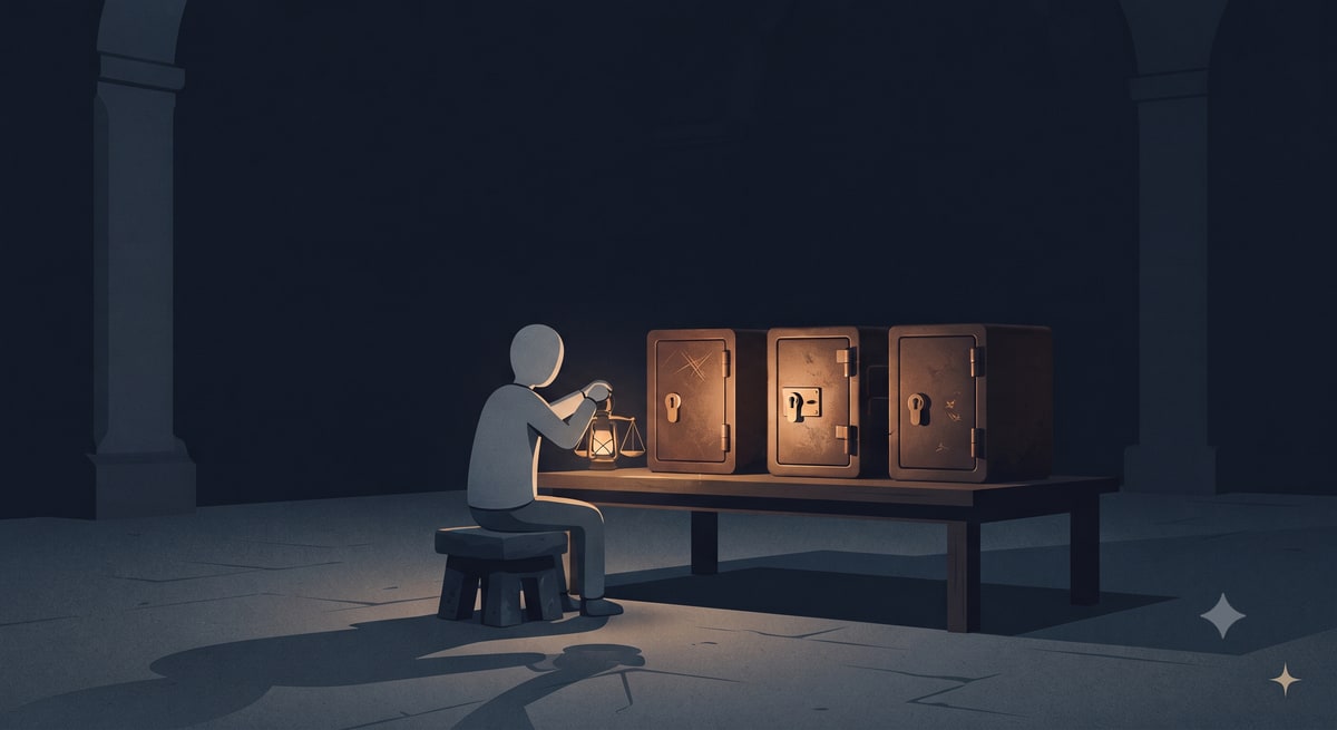 A lone figure by lantern-light weighs three nearly identical warm-lit strongboxes of gold standing side by side.