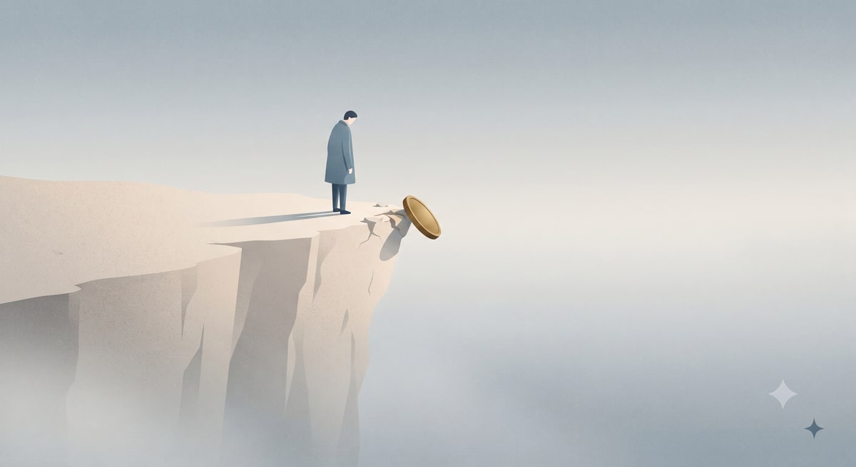 A lone figure stands at the crumbling edge of a pale cliff as a single gold coin tips over the lip into the mist below.