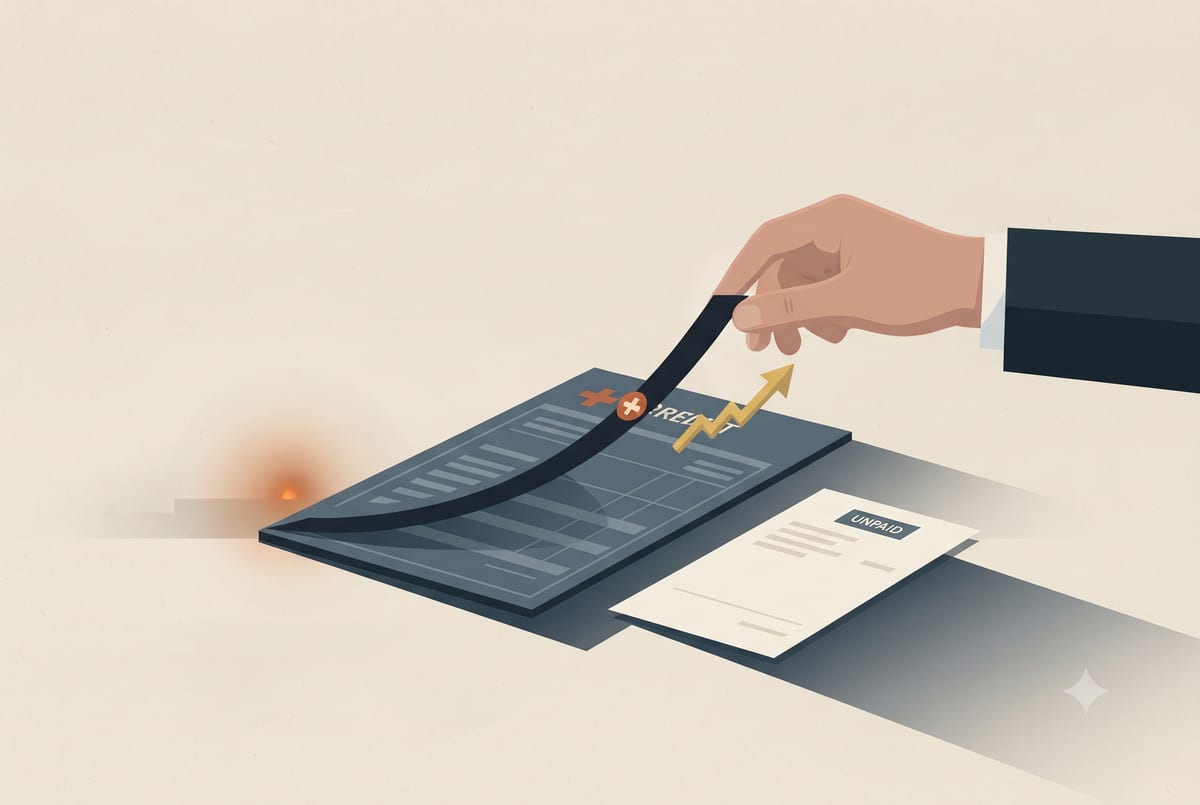 A hand peels a dark medical line off a slate credit report as a gold arrow ticks up, while an unpaid paper bill still sits on the desk.