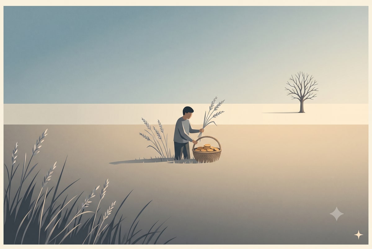 A lone figure gathers withered grey stalks into a basket where they turn to gold in a warm golden-hour summer field.