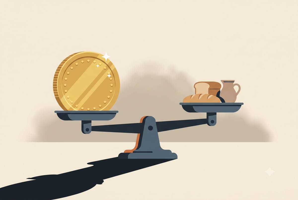 An oversized gold coin rests on one side of a balance scale, its pan hanging no lower than the modest stack of goods across from it.