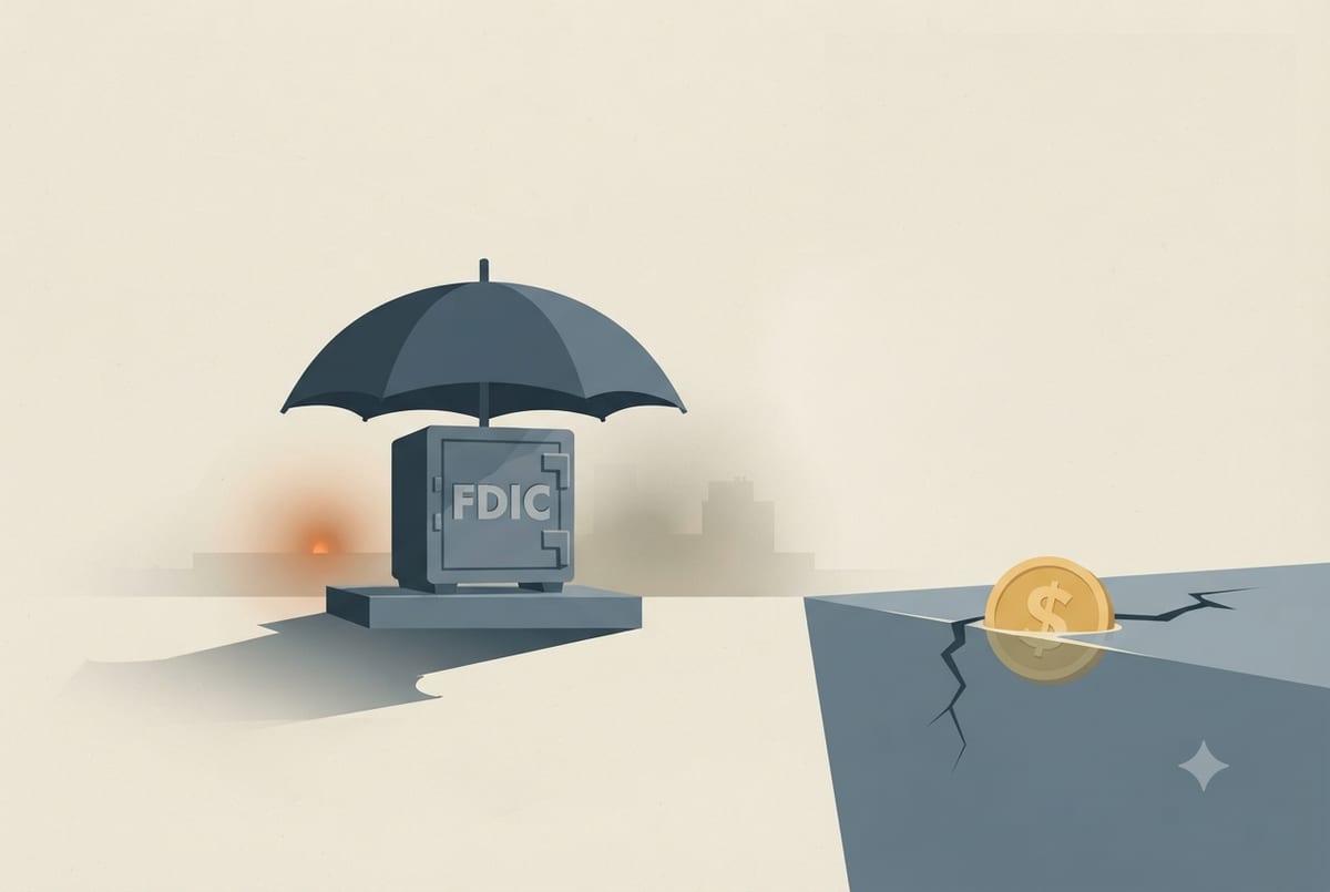 An FDIC vault sheltered under an umbrella while a gold dollar coin floats at a cracking waterline with no shield.