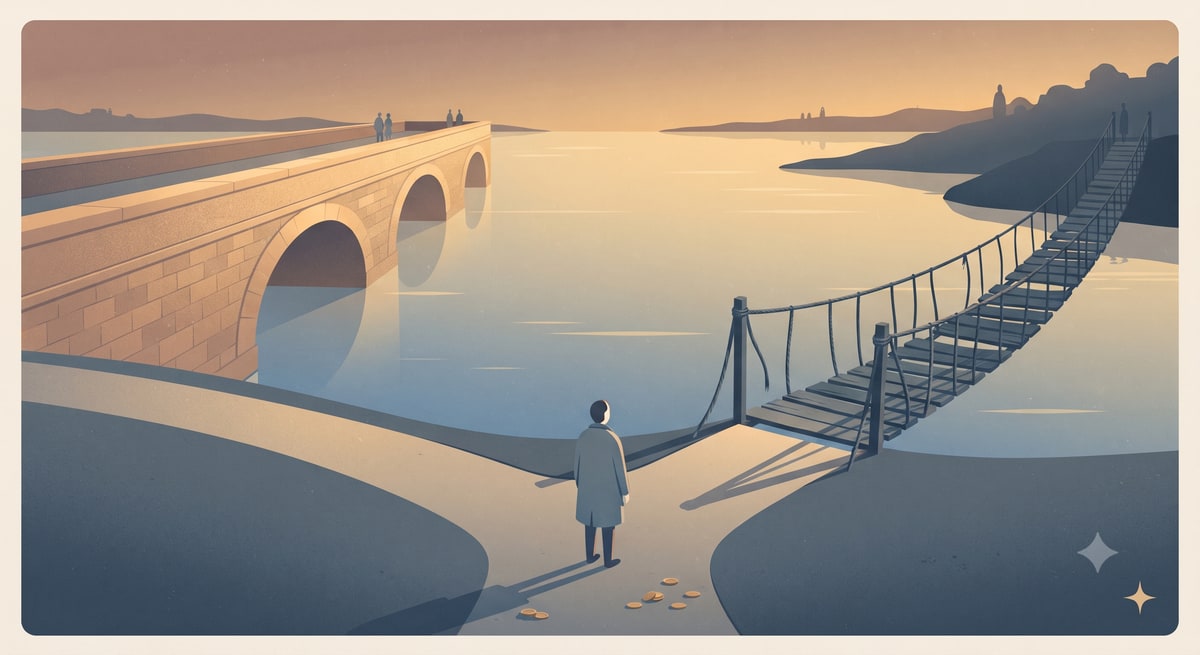A lone figure at golden-hour dusk stands at a fork choosing between a solid stone bridge and a dim swaying rope bridge.
