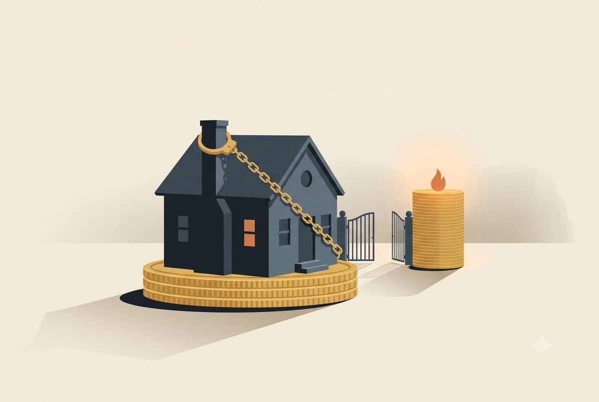 A slate house stands chained by its chimney to a low pedestal of gold coins, while an open gate leads toward a taller, brighter stack of coins just beyond reach.