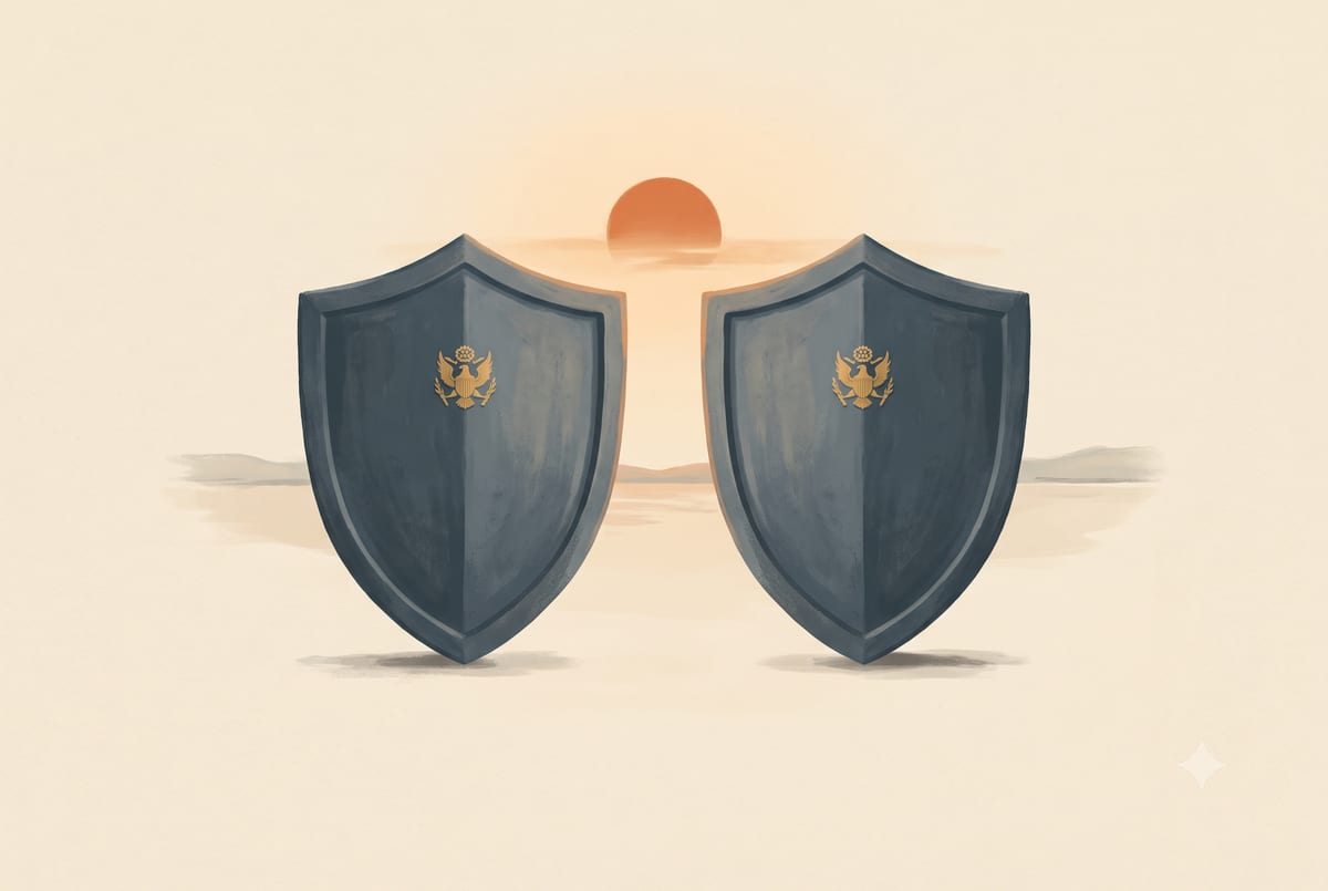 Two identical government shields side by side, one stamped FDIC over a bank, one stamped NCUA over a credit union, both the same height and weight.