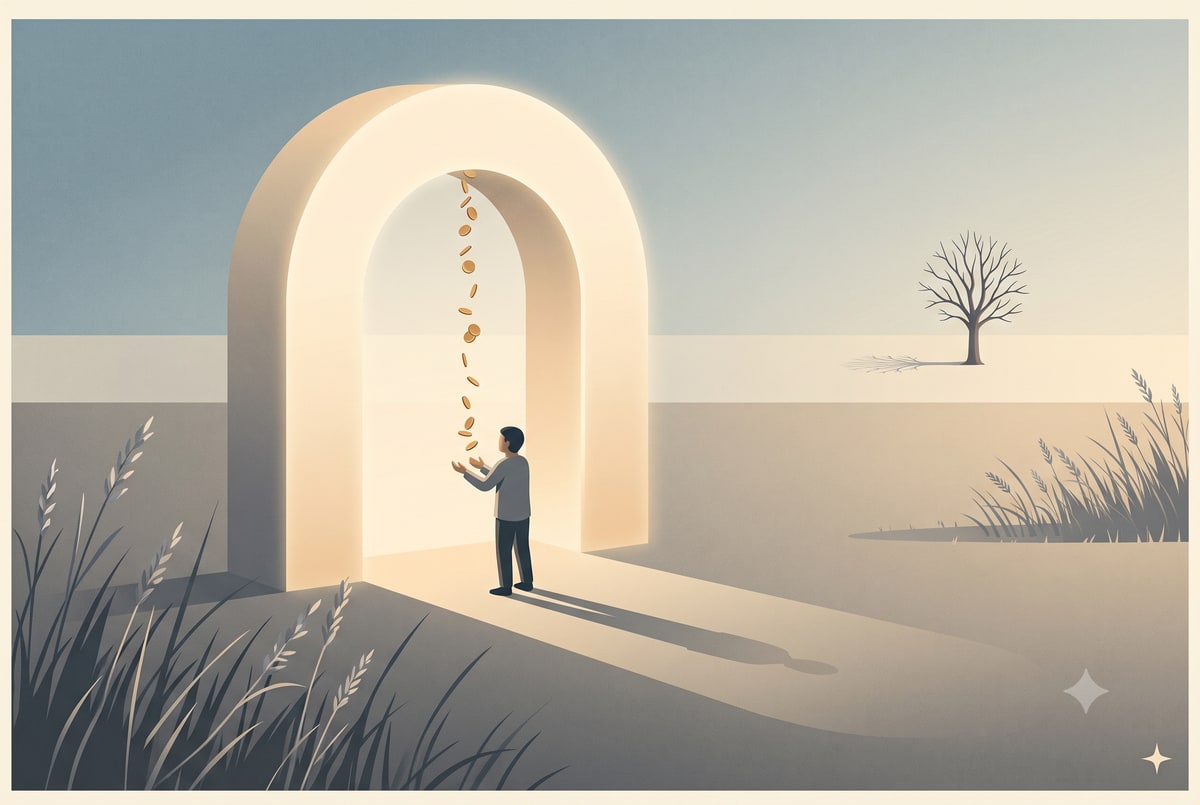 A lone figure stands beneath a glowing archway at dusk as only a thin trickle of gold coins falls into their cupped hands.