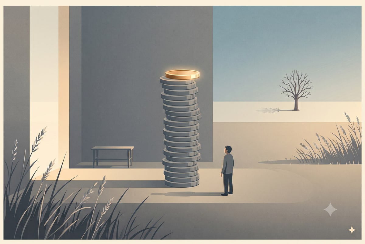 A lone figure stands beside a tall stack of coins in warm evening light, where only one thin slice near the top glows gold.