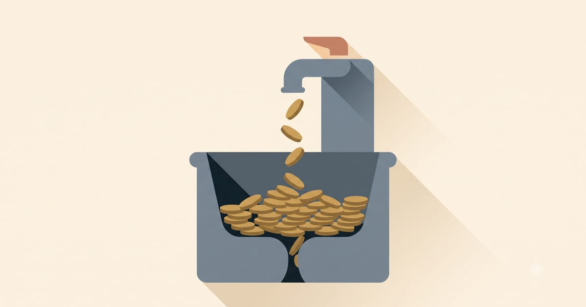 Coins pool and rise in a basin fed by a slow, steady spout, because the drain beneath the basin has narrowed to a thin, clogged opening.
