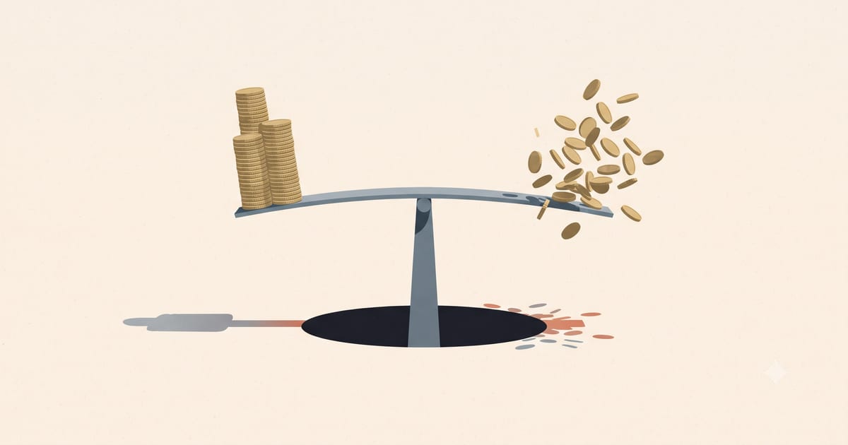 A seesaw balanced on a narrow pedestal, one end a neat stack of gold coins, the other end coins scattering into a dark hole, with nothing held at the center.