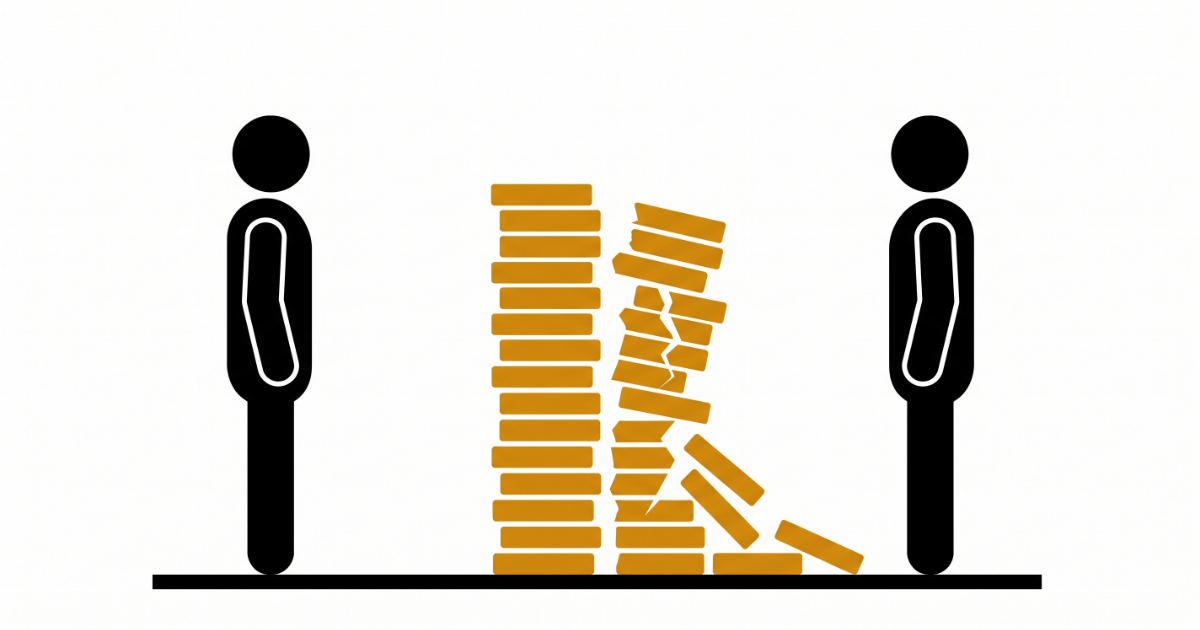 Two flat black silhouette figures face each other across a tall stack of gold coin bars. The left half of the stack is neat and evenly stacked; the right half has cracked apart, tilting and spilling loose coins across the ground.