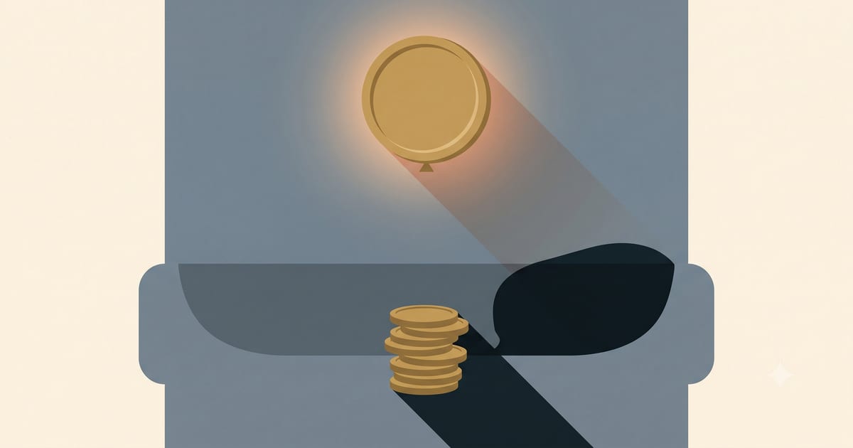 An oversized, untethered coin drifts upward casting a shadow far larger than the small, carefully stacked coin pile grounded beneath it.