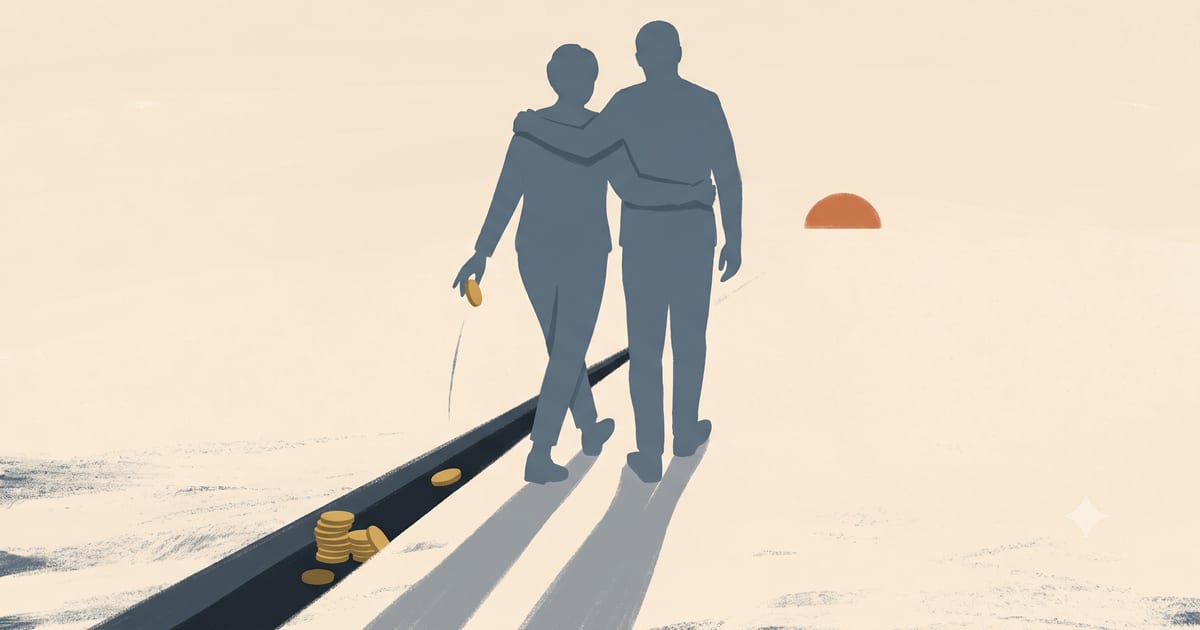 Two silhouetted figures walk arm in arm toward a low sun, one hand trailing behind to drop a coin into a hidden groove where a small pile of coins has already collected in shadow.