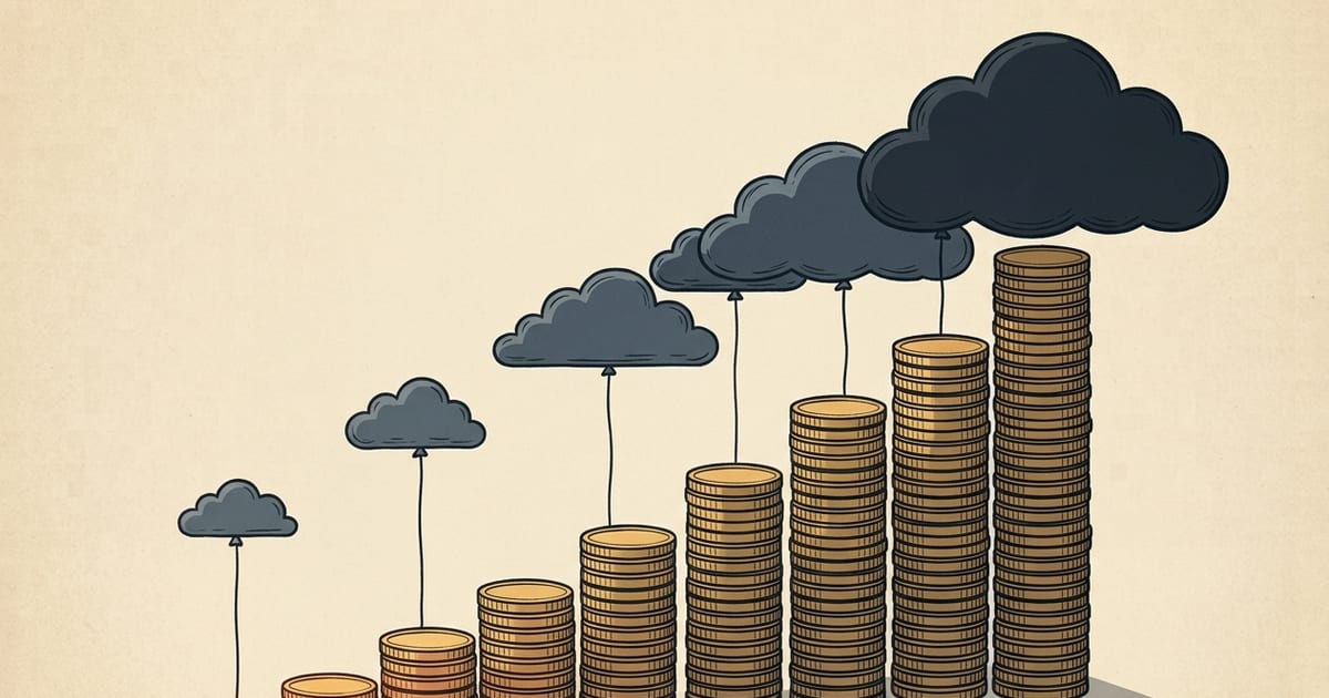 A staircase of ascending gold coin stacks, each tethered to a dark storm cloud that grows larger and closer at every higher step.
