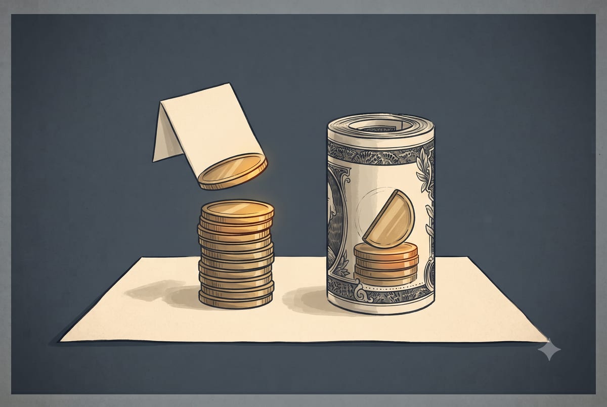 A stack of coins labeled interest with a slice lifted off by a tax form, beside a Treasury note that keeps its state-tax slice.